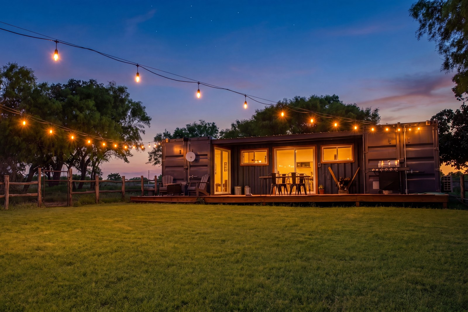 Big Bend container home at golden hour with wood deck and string lights